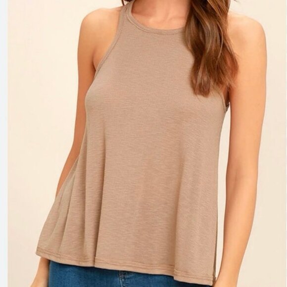 Free People Long Beach Tank Top in Mushroom Brown Tan Ribbed Knit Size Small - Picture 3 of 6